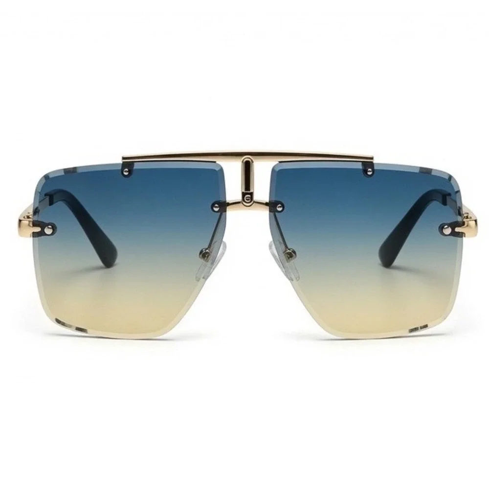 Women Oversized Rimless Sunglasses Gold Green Yellow Gradient Lens Modern Square